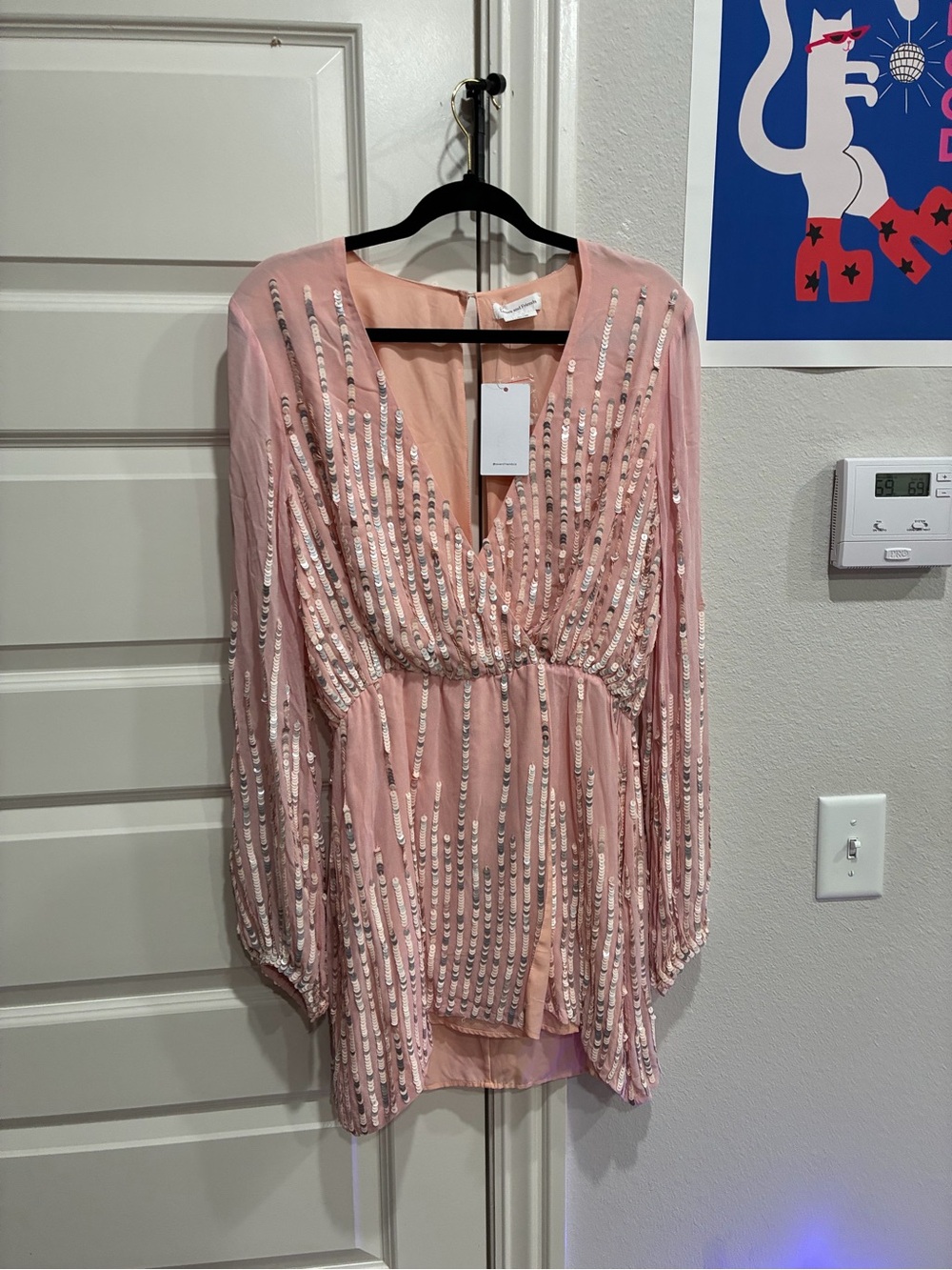 Lovers + Friends Pink Sequin-Striped V-Neck Mini Dress